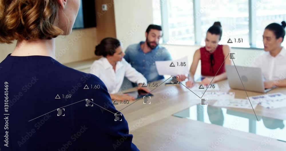Poster business team discussing data trends with graph animation overlay in conference room