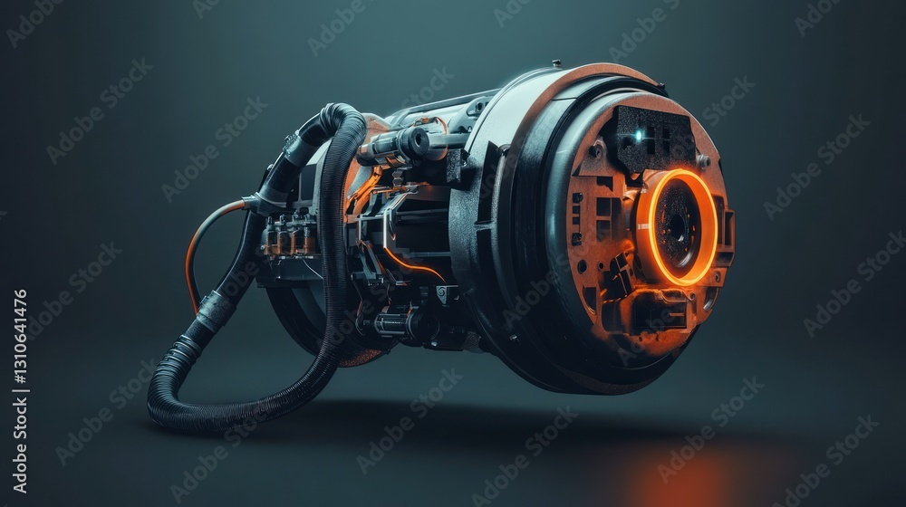 Poster futuristic mechanical device with glowing elements on dark background