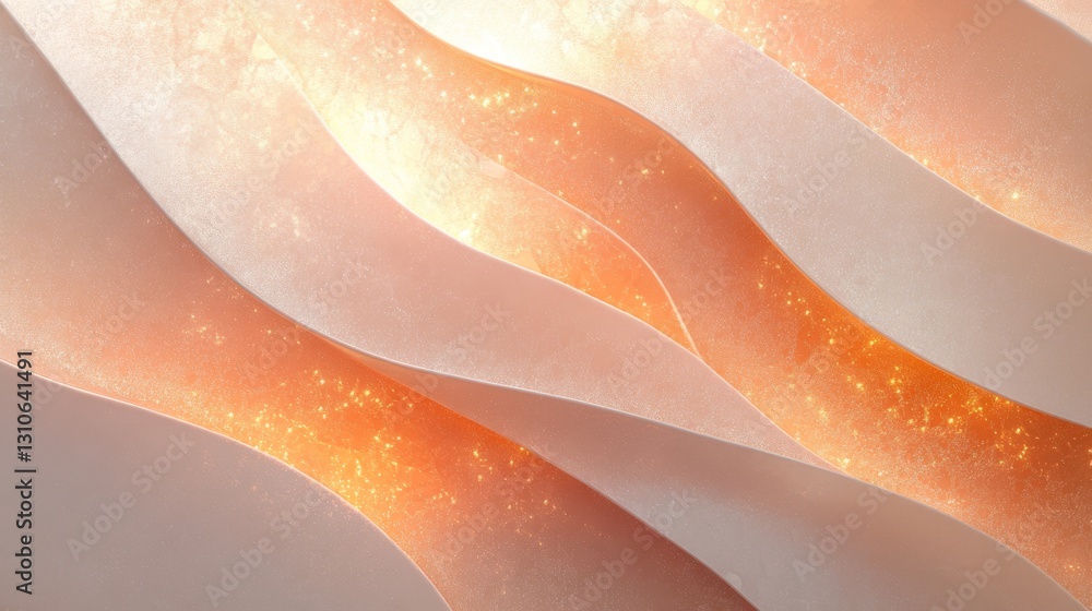 Poster light orange translucent layered abstract shapes with sparkling effects are visible