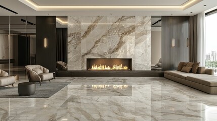 Serene Residential Interior with Elegant Marble and Cozy Fireplace
