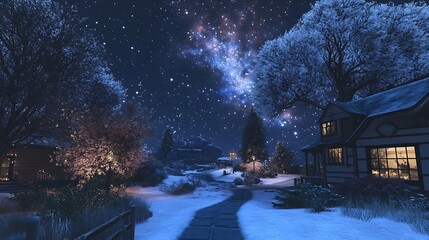 Snowy Winter Night Scene with Starry Sky