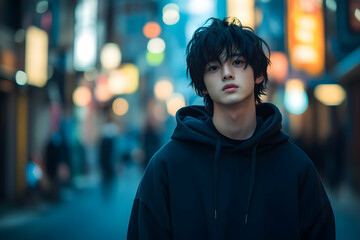 Fototapeta premium A young man with dark hair stands on a city street at night, looking directly at the camera. The background is blurred, showing colorful lights