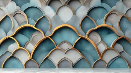 Ornate wall panel design in teal and gold