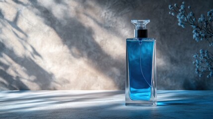 Elegant blue perfume bottle on textured surface with shadows