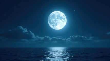 Serene Nighttime Seascape with a Full Moon Shining Brightly Over the Water