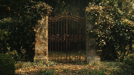 Serene Scene of Rusted Iron Gates at Abandoned Location