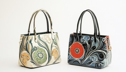 Two Stylish Tote Bags with Floral Patterns on White Background