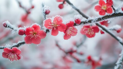 Snow-covered branches and tree with red berries in a winter landscape