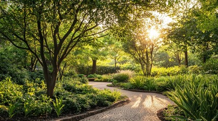Fototapeta premium Serene Urban Garden Oasis with Lush Trees and Gentle Sunlight