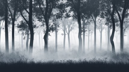 Misty forest with trees and fog on a cold winter morning