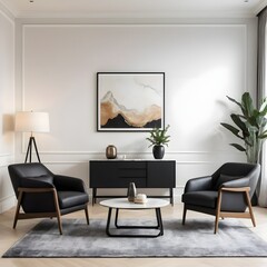 Modern Living Room Interior with Black Armchairs and Abstract Art