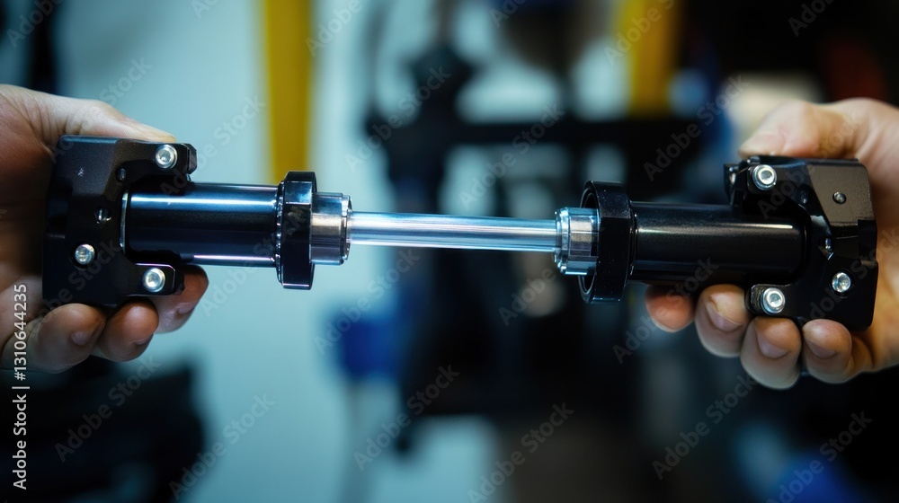 Poster close-up of hands assembling a mechanical component in workshop