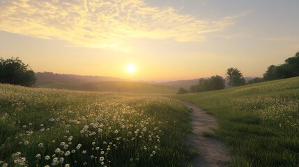 Obraz premium Sunrise path through a field of wildflowers