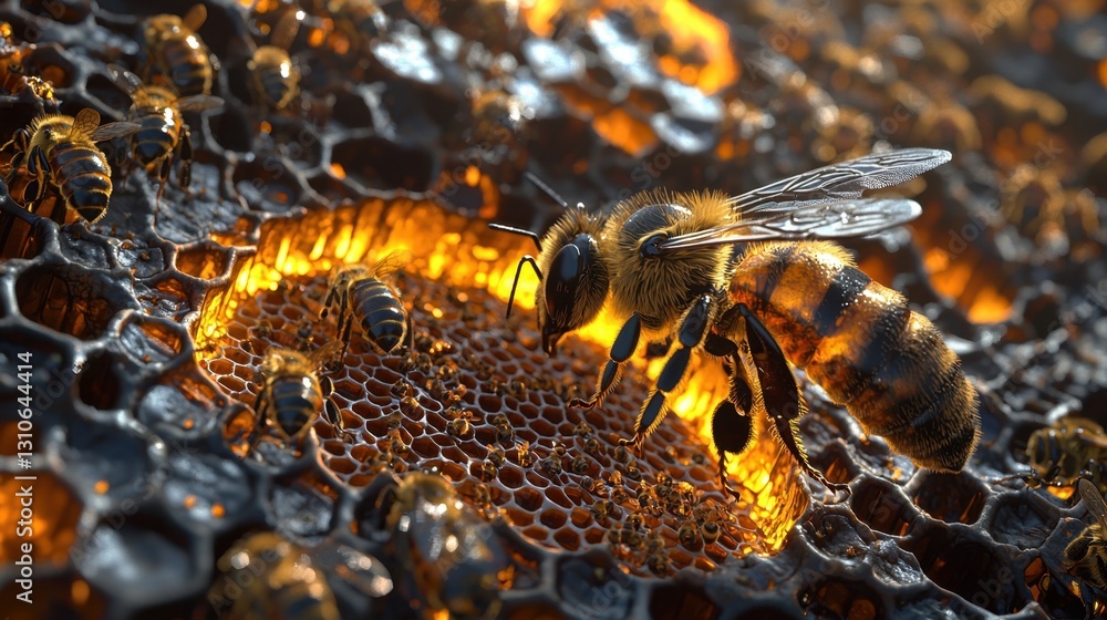 Poster cutaway 3d beehive visualization, displaying the queen bee surrounded by workers, larvae developing 