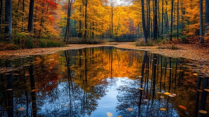 Obraz premium Enchanting Autumnal Forest Reflection in Serene Lake Landscape