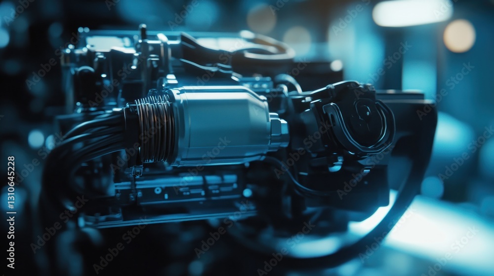 Poster close-up of a sleek engine component in a workshop setting