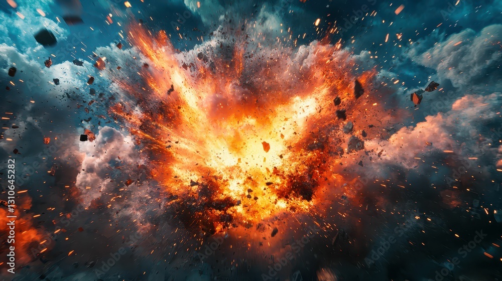 Poster surreal explosion in dystopian setting with dramatic colors and texture