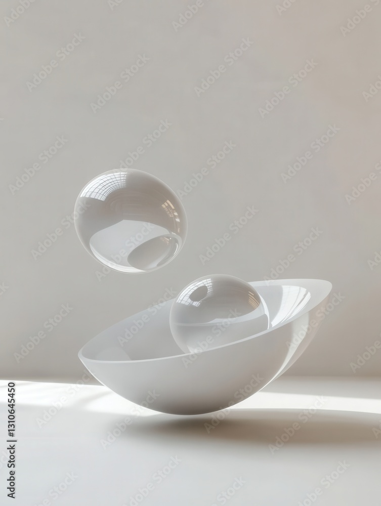 Poster Floating minimalist 3D shapes with elegant reflections and soft shadows create a futuristic design on a white background