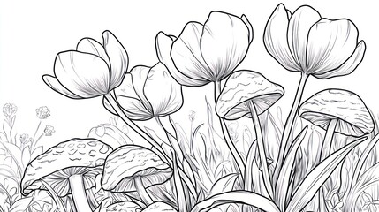 Black and white drawing of tulips and mushrooms