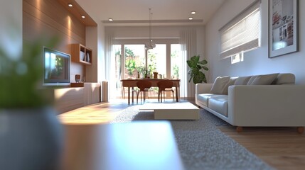 Naklejka premium Bright modern living room with dining area and greenery