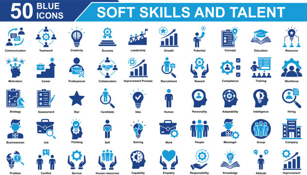 Soft Skills And Talent Icon Set Collection. Containing communication, teamwork, creativity, success, leadership, growth, potential, concept, education, resource, job. Simple Blue Vector Illustration.