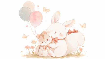 Obraz premium クマとうさぎのイラスト｜パステルカラーの風船とぬいぐるみの仲間