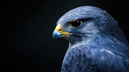 Fototapeta premium Striking portrait of a bird with vivid yellow eyes against a dark background capturing the essence of falconry culture