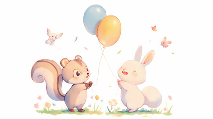 ぬいぐるみの仲良しトリオ｜風船を持つクマとうさぎのかわいい水彩イラスト