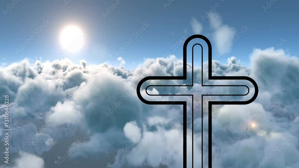 Poster sun shining over clouds with outlined cross symbol in foreground animation
