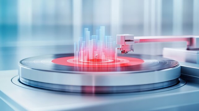 Echoes of the Future - Dusty Record Player Spinning Vinyl with Holographic Metropolis Projection | Nostalgia, Speculative Futures, Technology, Music, Retro, Urban, Vintage, Abstract, Conceptual,