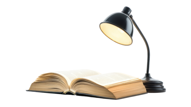 An open book under a desk lamp, illuminating its pages, symbolizing study and knowledge.