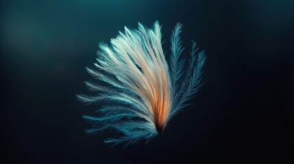 Fototapeta premium Delicate white dove feather with soft filaments, glowing with ethereal light against a blurred background.