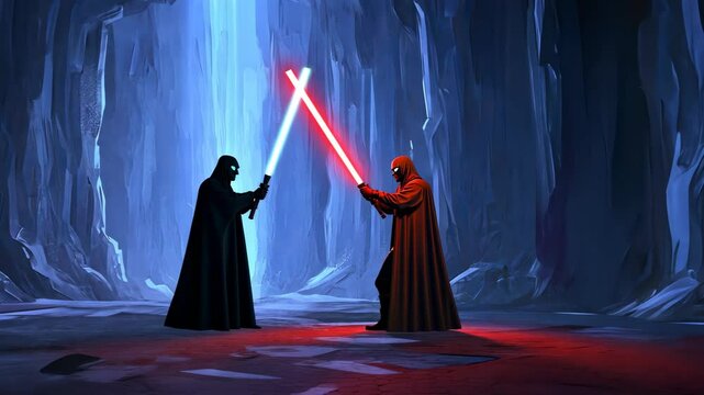 Epic duel between light and dark in a mystical cave