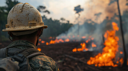 Brave firefighter battling intense flames to combat deforestation and wildfires with courage and determination
