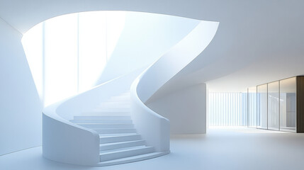 Fototapeta premium A white spiral staircase in the center of an all-white room