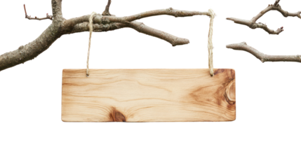 Hanging wooden sign on a tree branch, isolated on a white background.