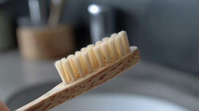 Wooden bamboo toothbrush with natural bristles in bathroom