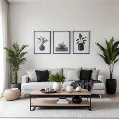 Fototapeta premium Minimalist Living Room Interior Design with Neutral Tones and Greenery