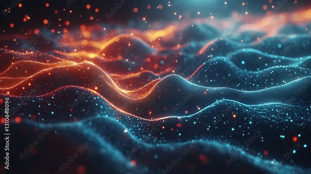 Poster abstract glowing particle waves background energy technology data visualization