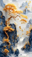 Traditional Chinese gold and blue embroidery landscape painting illustration poster background