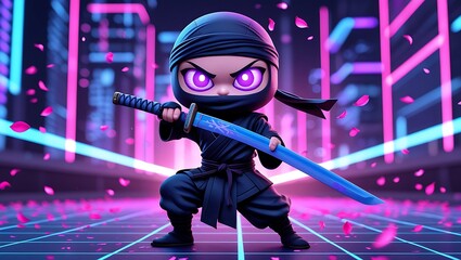 Cyberpunk Chibi Ninja with Glowing Purple Energy Blades