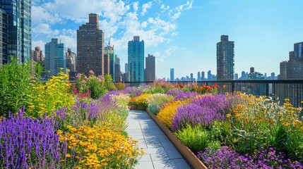 Fototapeta premium Vibrant Urban Rooftop Garden with Lush Flowers and City Skyline