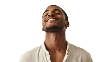 Joyful man smiling with eyes closed, conveying happiness and positivity, isolated on white background.