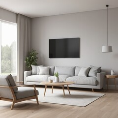 Modern Living Room Interior with Grey Sofa and Wooden Furniture