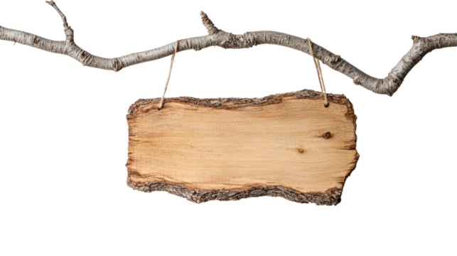 Wooden signboard hanging from a branch, blank space for text, on a white isolated background.