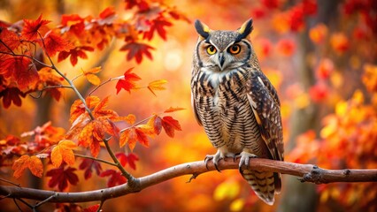 Obraz premium Large owl with majestic plumage perched on a thin branch, surrounded by vibrant autumn leaves in shades of orange and red, wild animal, great horned owl