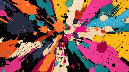 Vibrant Colorful Paint Splatters on Black Background Creating Dynamic Art