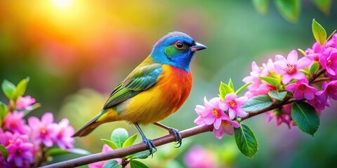 A small, adorable bird with bright feathers perched on a vibrant branch amidst lush greenery and flowers in a serene outdoor setting , colorful branch, serenity