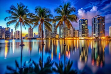 Obraz premium Miami Nightscape: Skyline, Bay, & Palm Trees - Stunning Night Photography