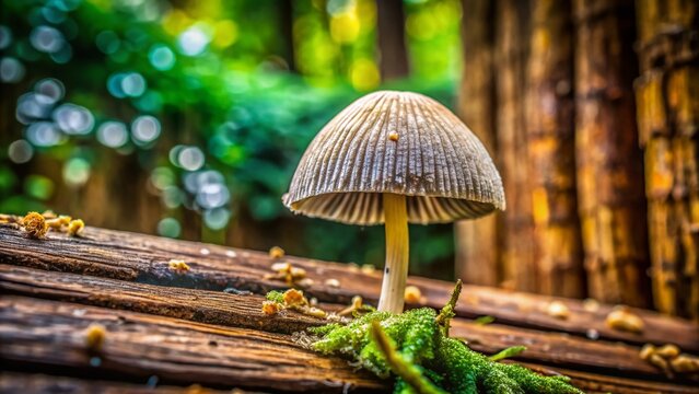 Mica Cap Mushroom (Coprinus micaceus) Emerging from Wooden Garden Border - Detailed Macro Stock Photo